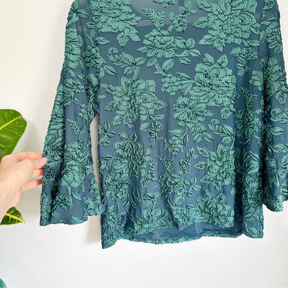 Emerald Teal 90’s Y2K Velvety Burnout Blouse, Flowy Sleeves, Whimsigoth - Picture 2 of 7
